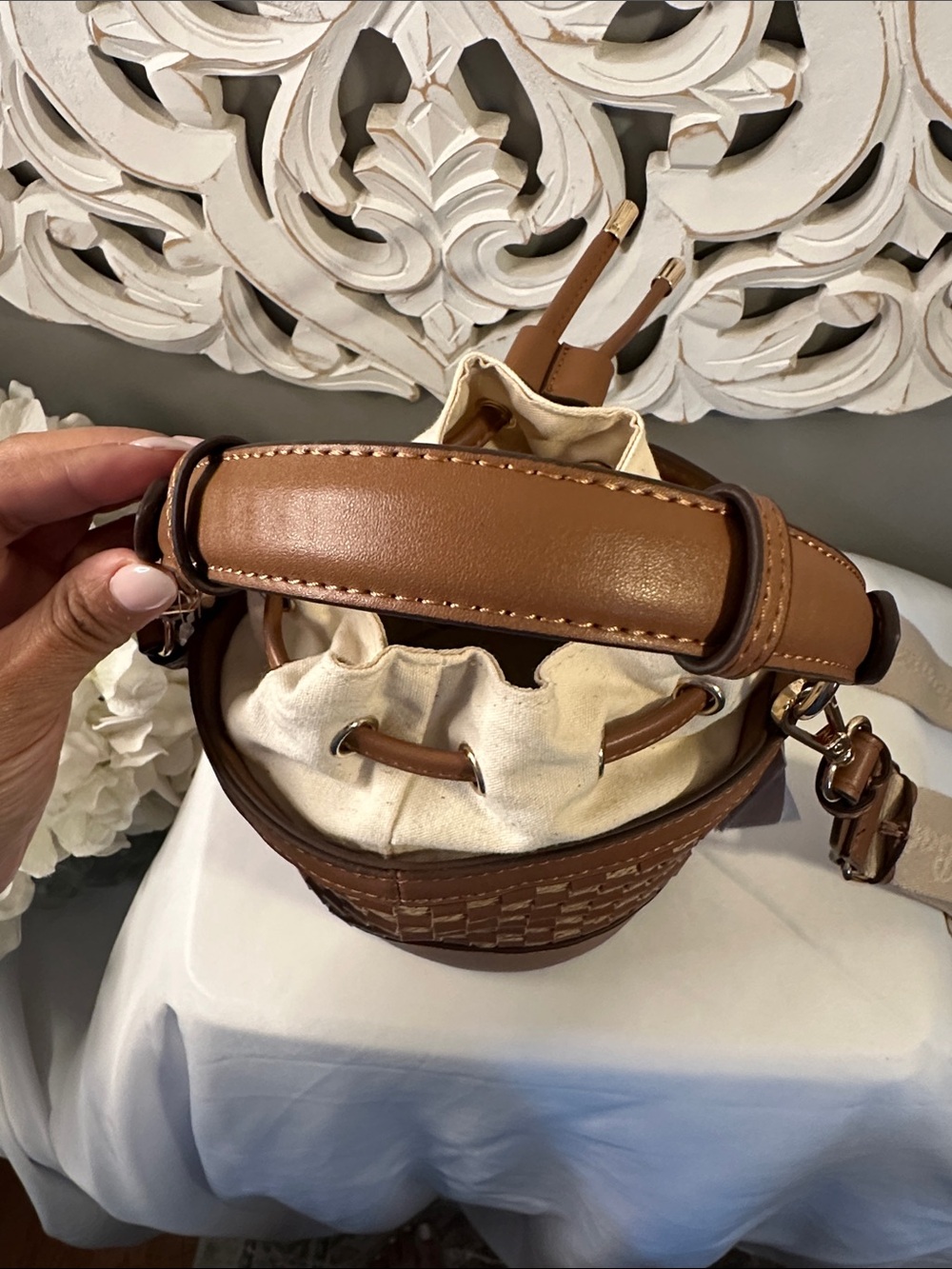 Tommy Bahama Brown and Cream Woven Bucket Crossbody Bag - Picture 4 of 4